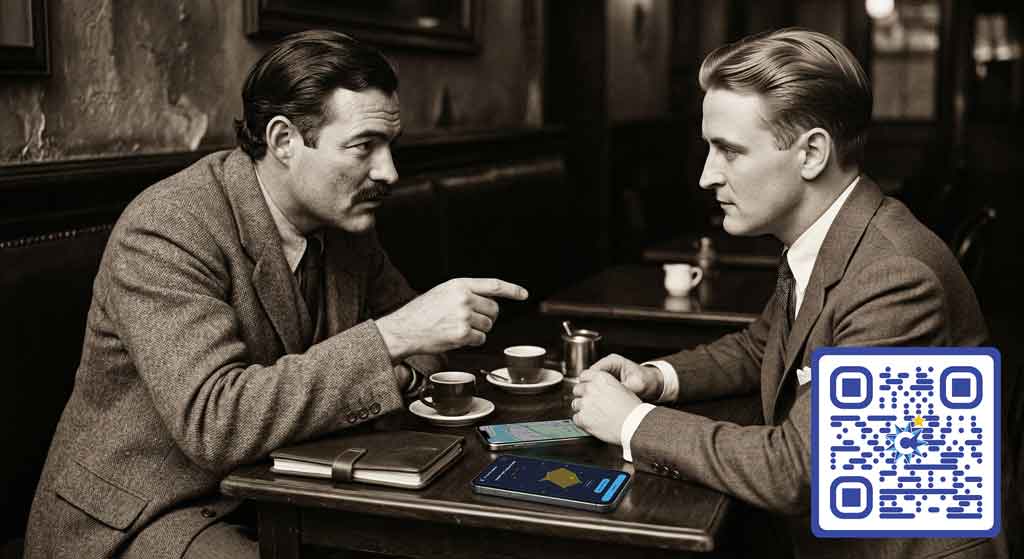 Ernest Hemingway and F. Scott Fitzgerald discussing Truvtus Profiles over coffee at a Parisian Cafe