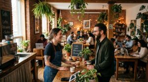 Millennial professional and barista in perfect alignment within a vibrant Montréal third-place community.