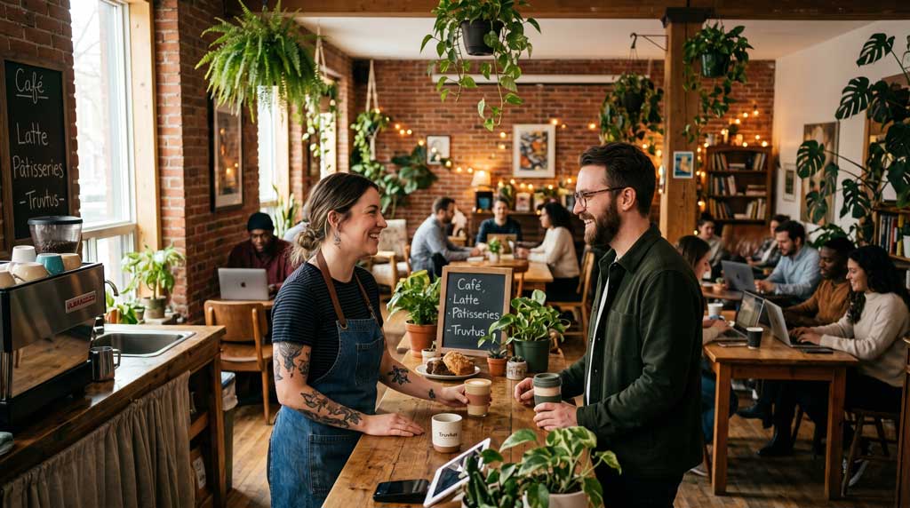 Millennial professional and barista in perfect alignment within a vibrant Montréal third-place community.