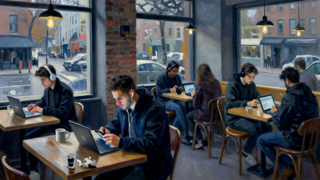 An impressionist oil painting of a modern Montreal café interior, showing solitary remote workers with laptops, smartphones, and earbuds experiencing isolation, capturing the loneliness epidemic in urban third places.